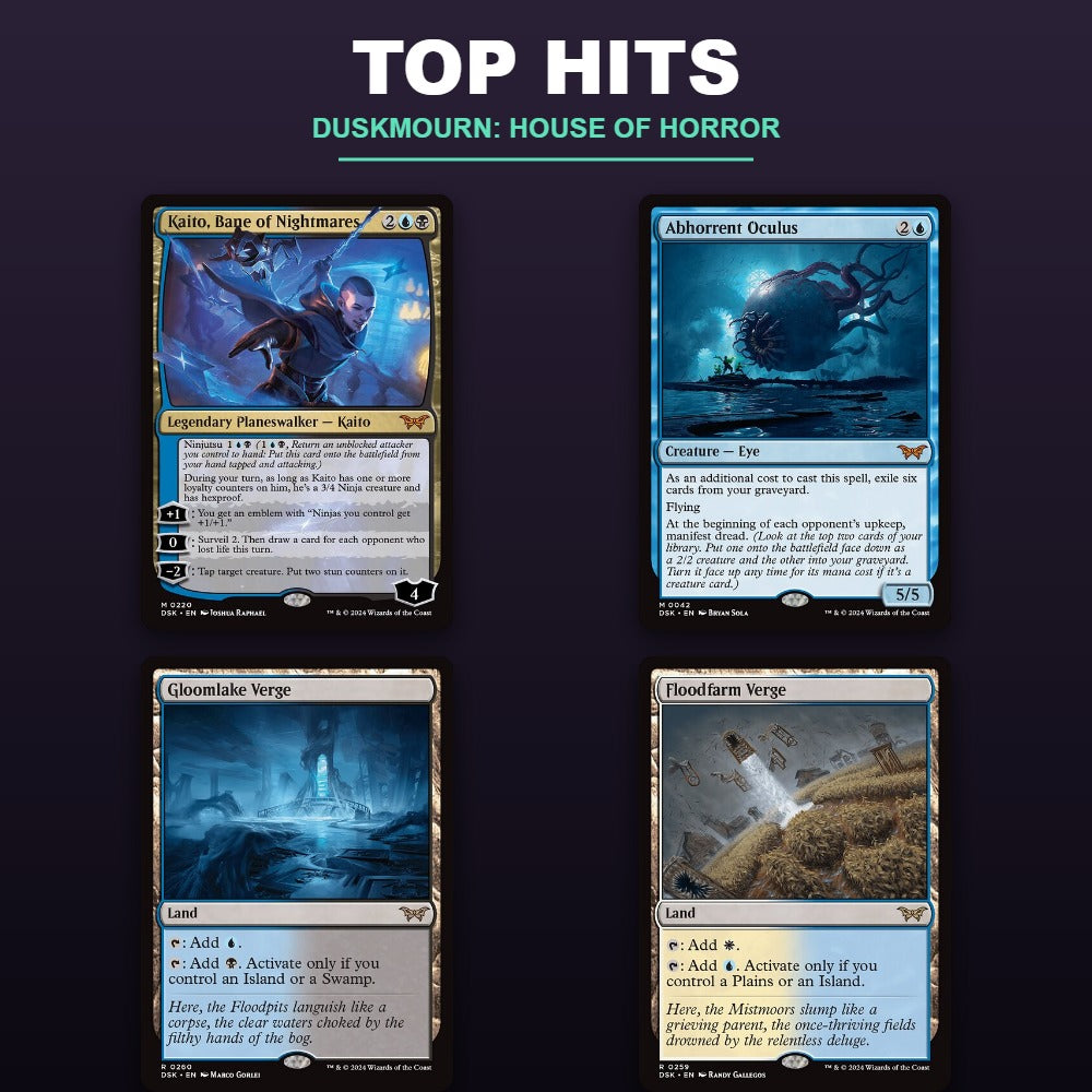 Duskmourn House of Horror Play Booster top hits - Kaito Bane of Nightmares, Abhorrent Oculus, Gloomlake Verge, Floodfarm Verge