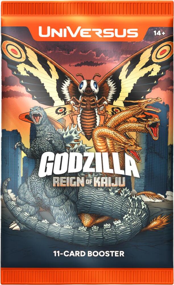 UniVersus Godzilla Reign of Kaiju 11-card booster pack featuring Godzilla, Mothra, and King Ghidorah