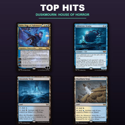 Duskmourn House of Horror Play Booster top hits - Kaito Bane of Nightmares, Abhorrent Oculus, Gloomlake Verge, Floodfarm Verge