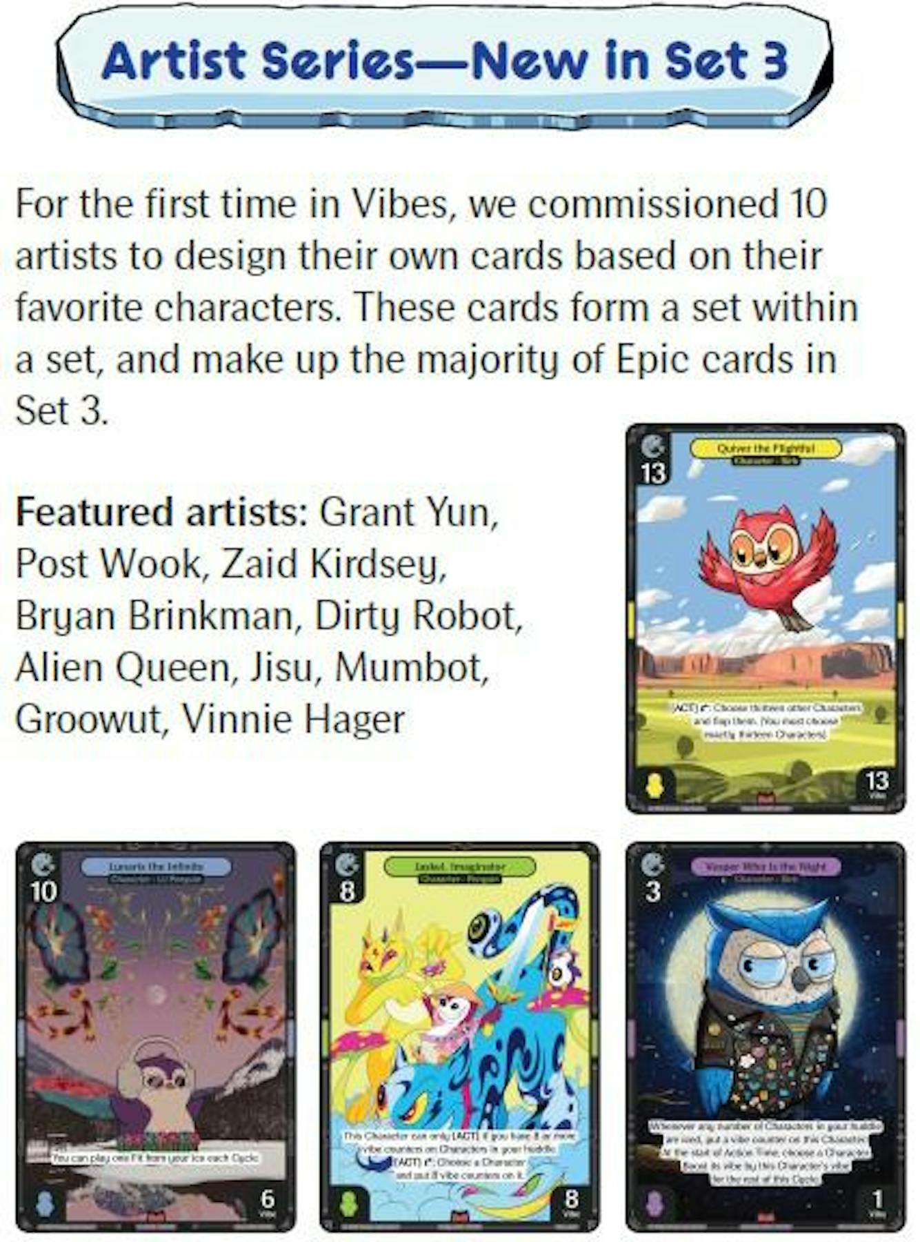 Vibes TCG Birb & Pengu Epic rarity artist subset card examples
